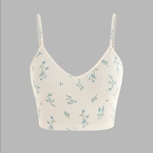 Cream White Crop Top with Blue Floral